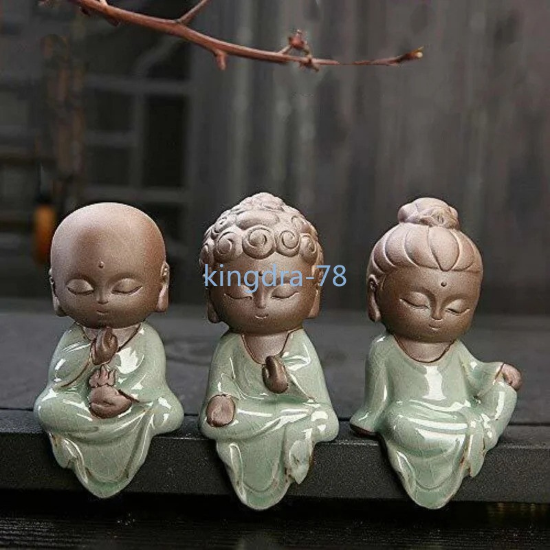 3pcs Chinese Little Monk Buddha Statue Boutique Purple Sand Tea Pet Home Decor