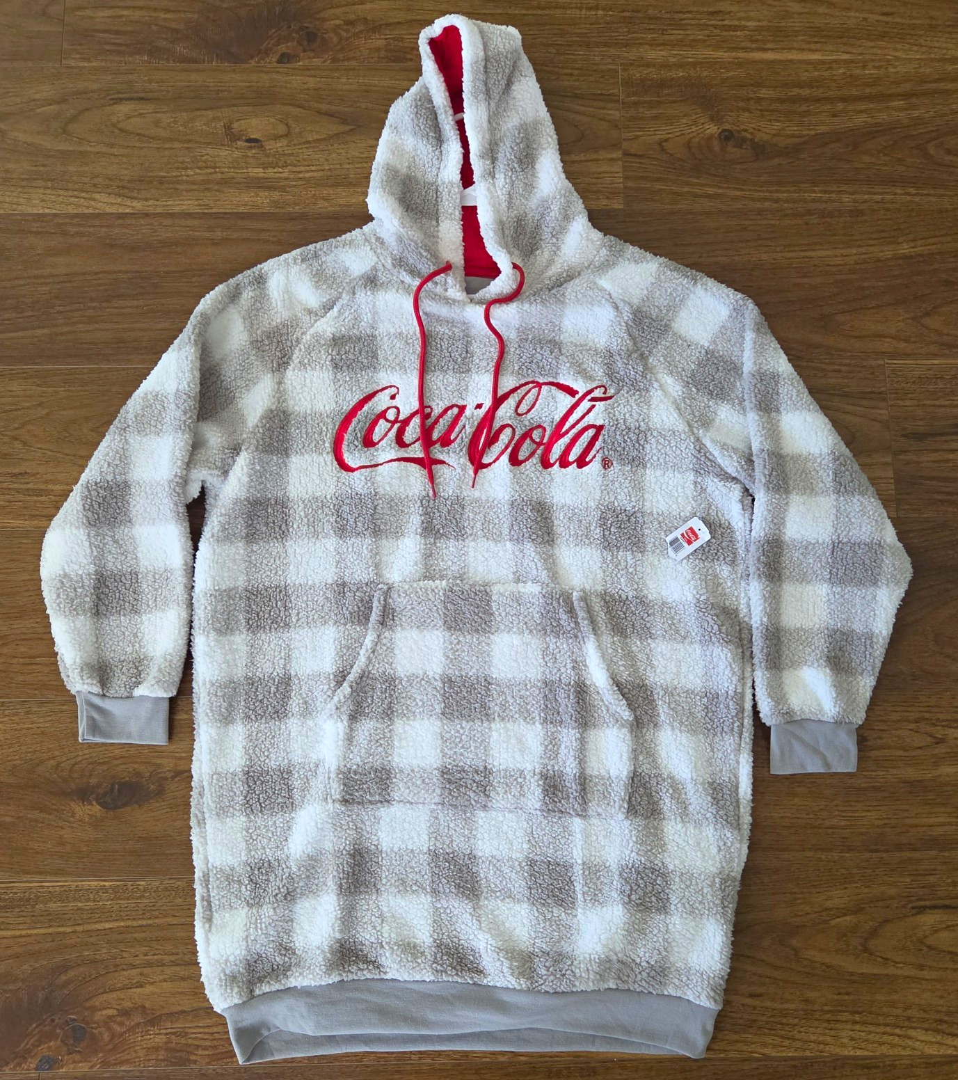 Coca-Cola Sherpa Hooded Pullover Fleece Sweatshirt Gray/White Plaid XL