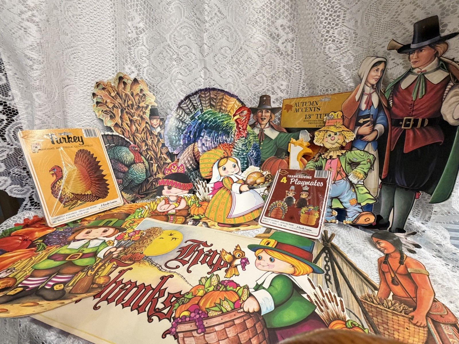 Vintage Beistle Thanksgiving Pilgrim Die Cut Decorations Made in USA Fall x17