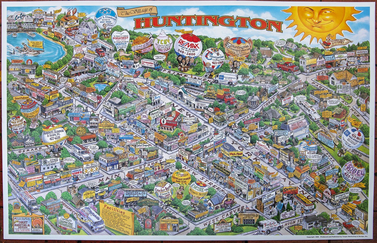 HUNTINGTON LONG ISLAND Illustrated Cartoon Map 1995 - 