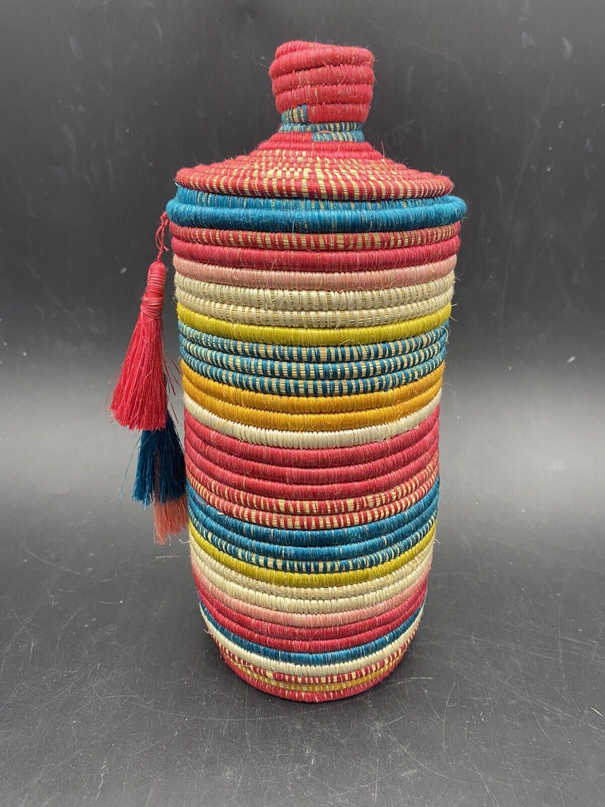 Coil Weave Basket Handmade Colorful Tassels Lidded Tall Coil Basket Made Rwanda