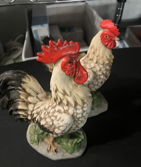 Vintage Rooster and Hen Porcelain  hand-painted Figurine set. Farmhouse-style.