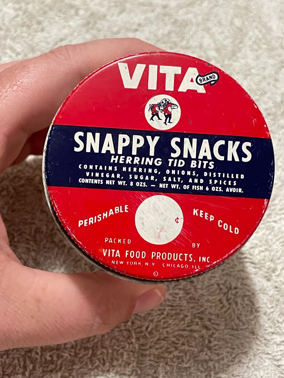 Vintage Vita Snappy Snacks Herring Tid Bits Glass Jar Metal Lid 6 oz (Read)