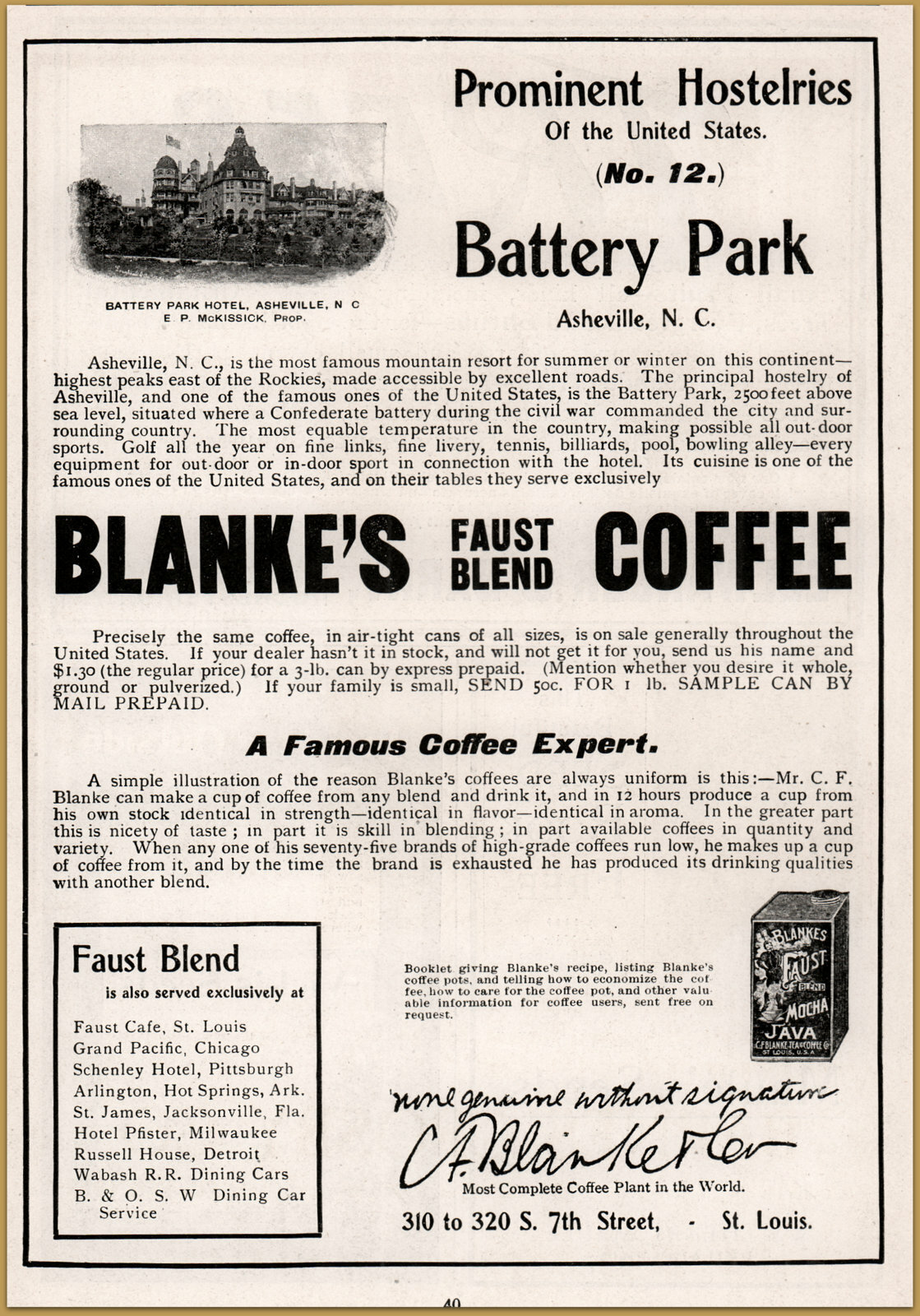 1900 d Blanke\'s Coffee Prominent Hostelry Battery Park Asheville Faust Blend Ad