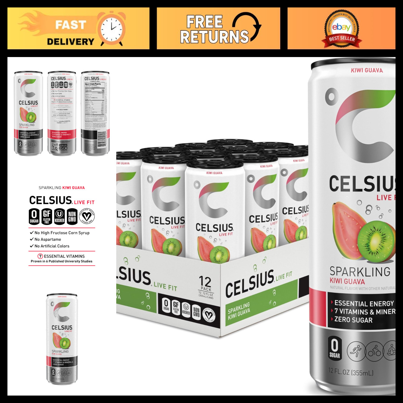 Sparkling Kiwi Guava Energy Drink - Sugar Free, 12 Fl Oz, Pack of 12 Cans Sparkling Kiwi Guava Energy Drink - Sugar Free, 12 Fl Oz, Pack of 12 Cans