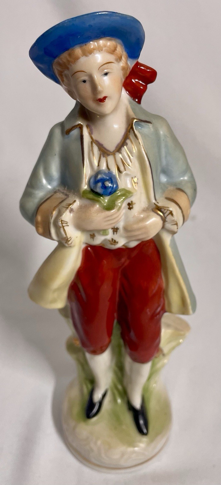 Porcelain Figurine Made Handpainted Japan Colonial Man Holding Flower 8 in H Porcelain Figurine Made Handpainted Japan Colonial Man Holding Flower 8 in H