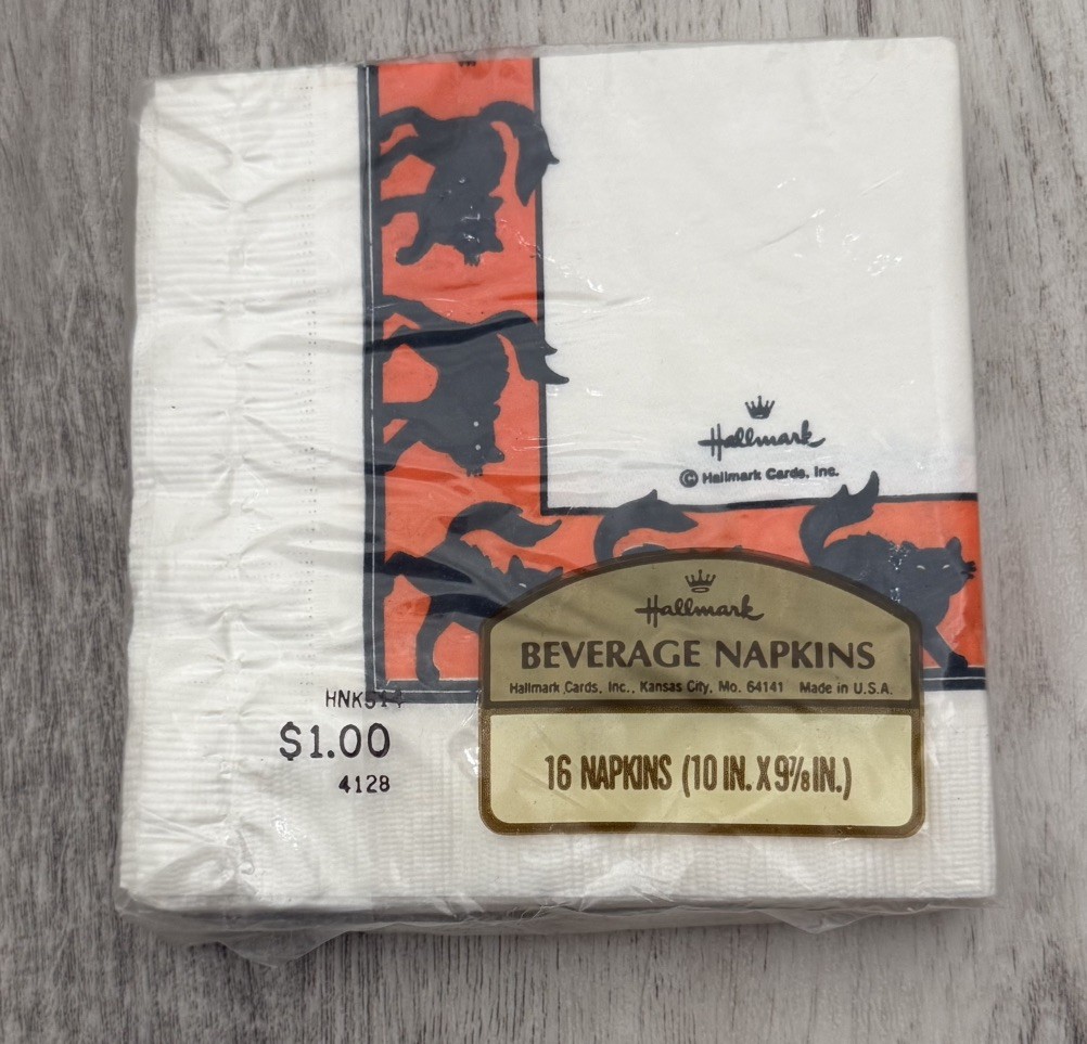 Title: Vintage Hallmark Halloween Beverage Napkins Black Cats Orange NEW 