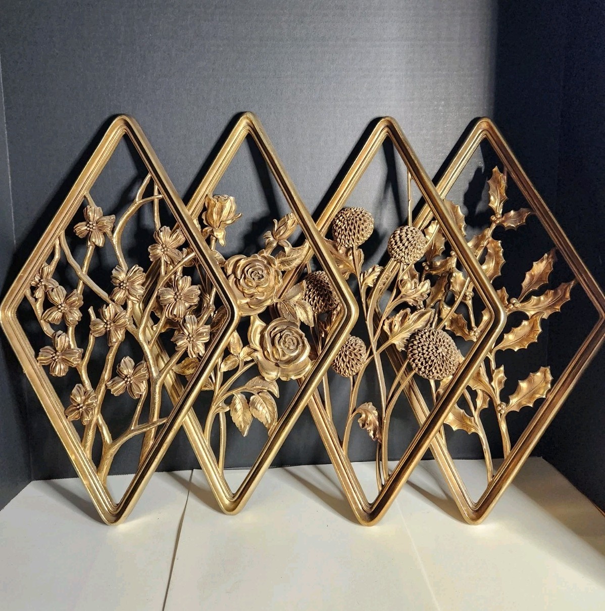 Vtg MCM Syroco Diamond Shape 4 Seasons Gold Floral Set of 4 Wall Decor 17