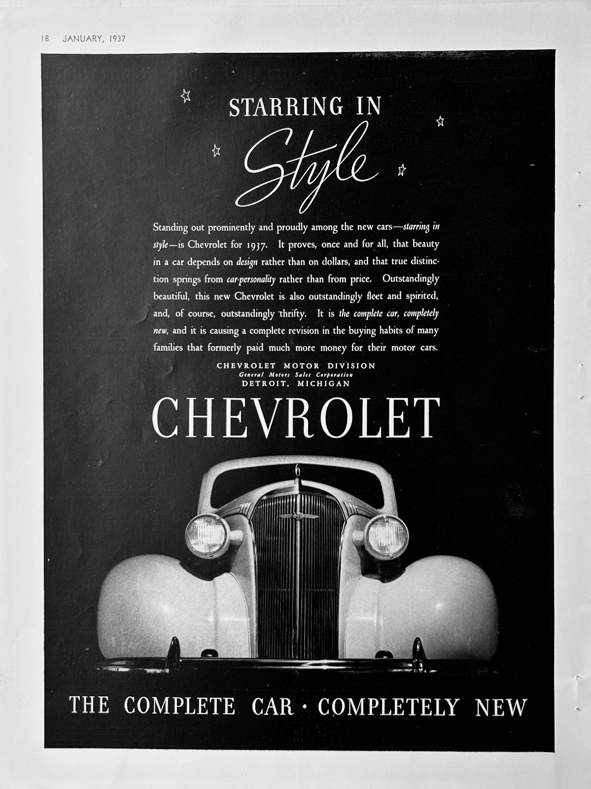 1937 Ad (9 3/4  X 12 3/4 inches) Chevrolet The Complete Car Completely New