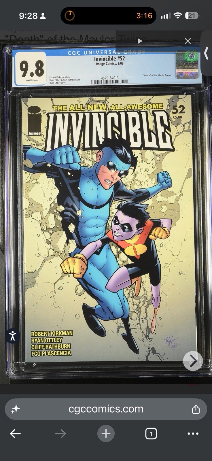 INVINCIBLE # 52 CGC 9.8 KEY DEATH OF MAULER TWINS CERT # 4579184013