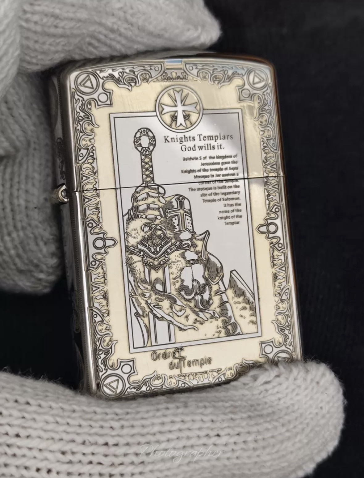 Knights Templar Theme Engraved Metal Rechargeable Gasoline Lighter Knights Templar Theme Engraved Metal Rechargeable Gasoline Lighter