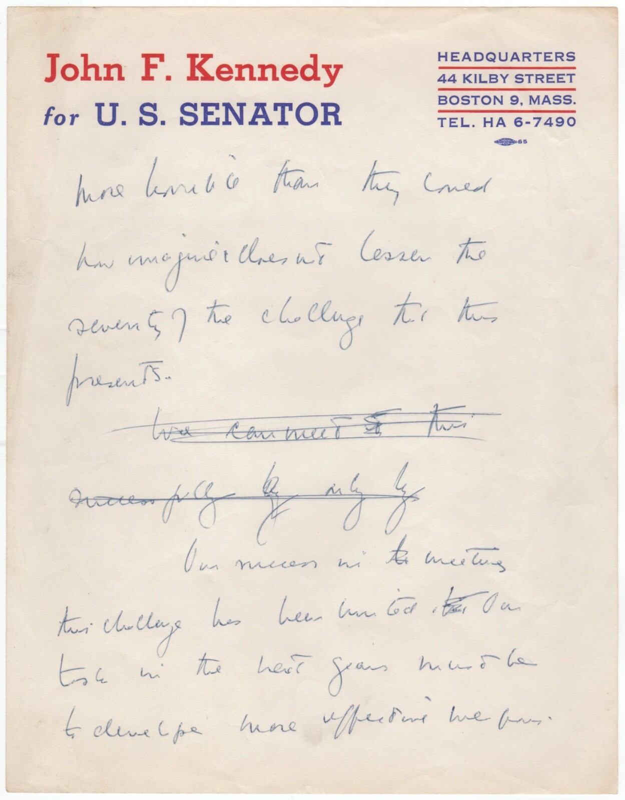 Kennedy, John F. - Handwritten manuscript “...develop more effective weapons