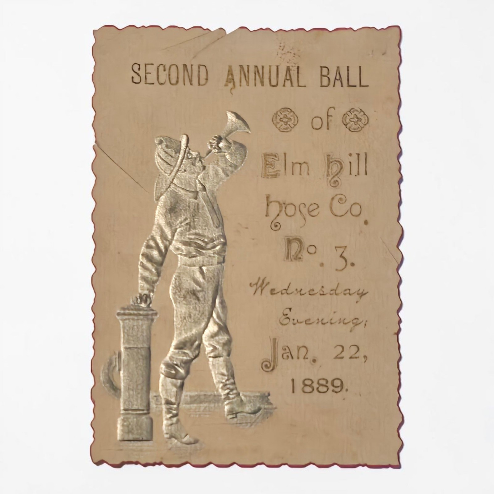 Antique 1889 Elm Hill Hose Co No. 3 Fireman's Ball Invitation Ticket Plymouth PA