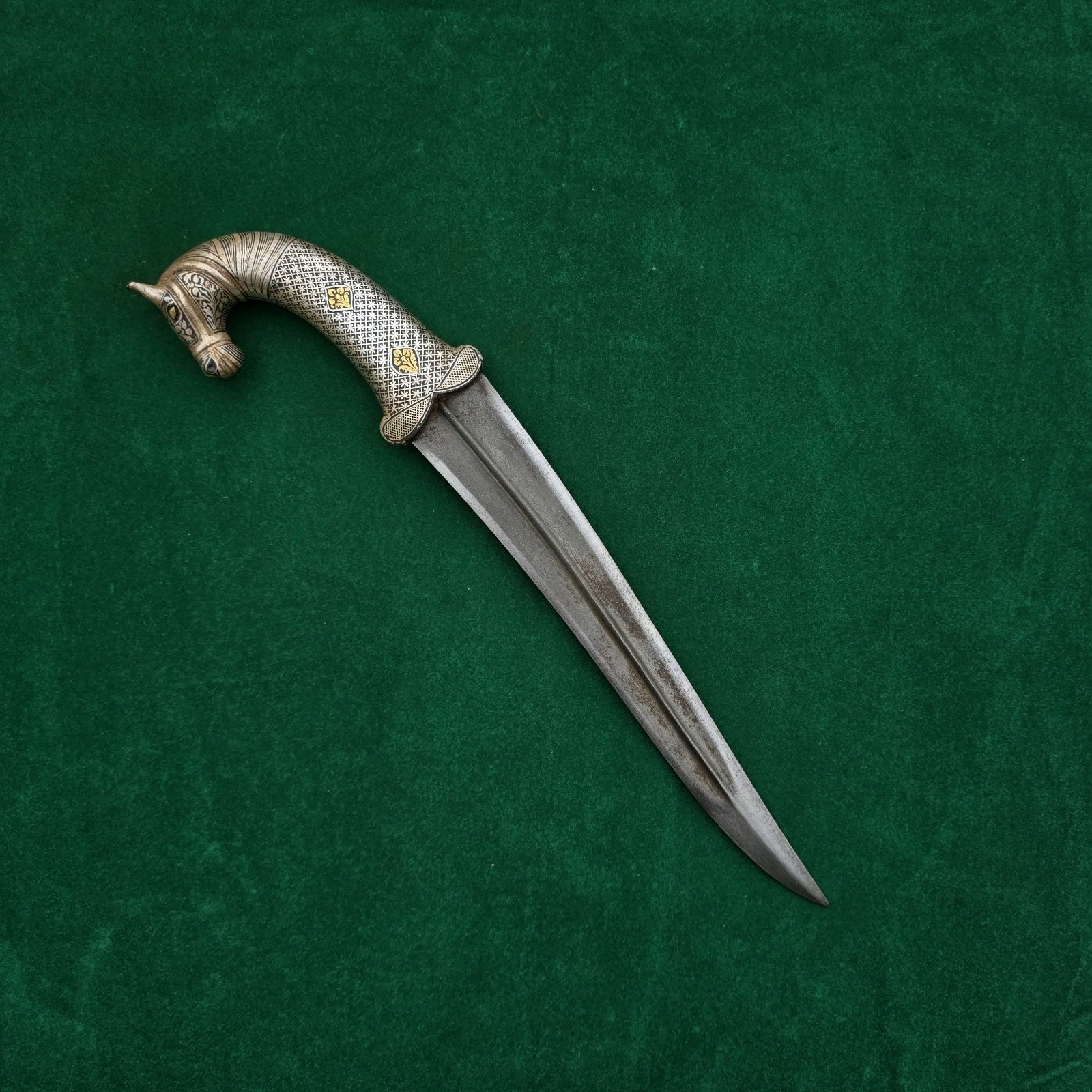 Vintage Mughal Style Islamic Silver & Gold Damascened Horse Khanjar Dagger 14.2\
