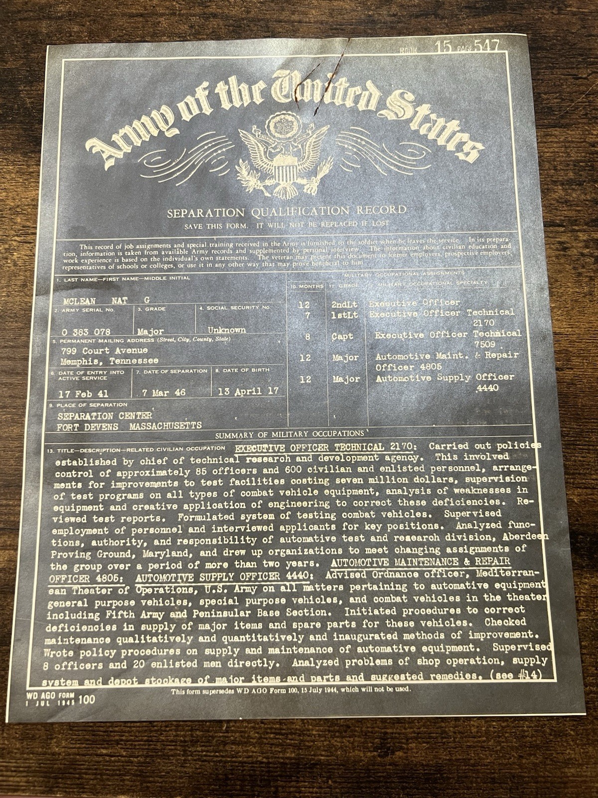 WWII 1946 US Army Separation Qualification Record Major McLean Military Document WWII 1946 US Army Separation Qualification Record Major McLean Military Document