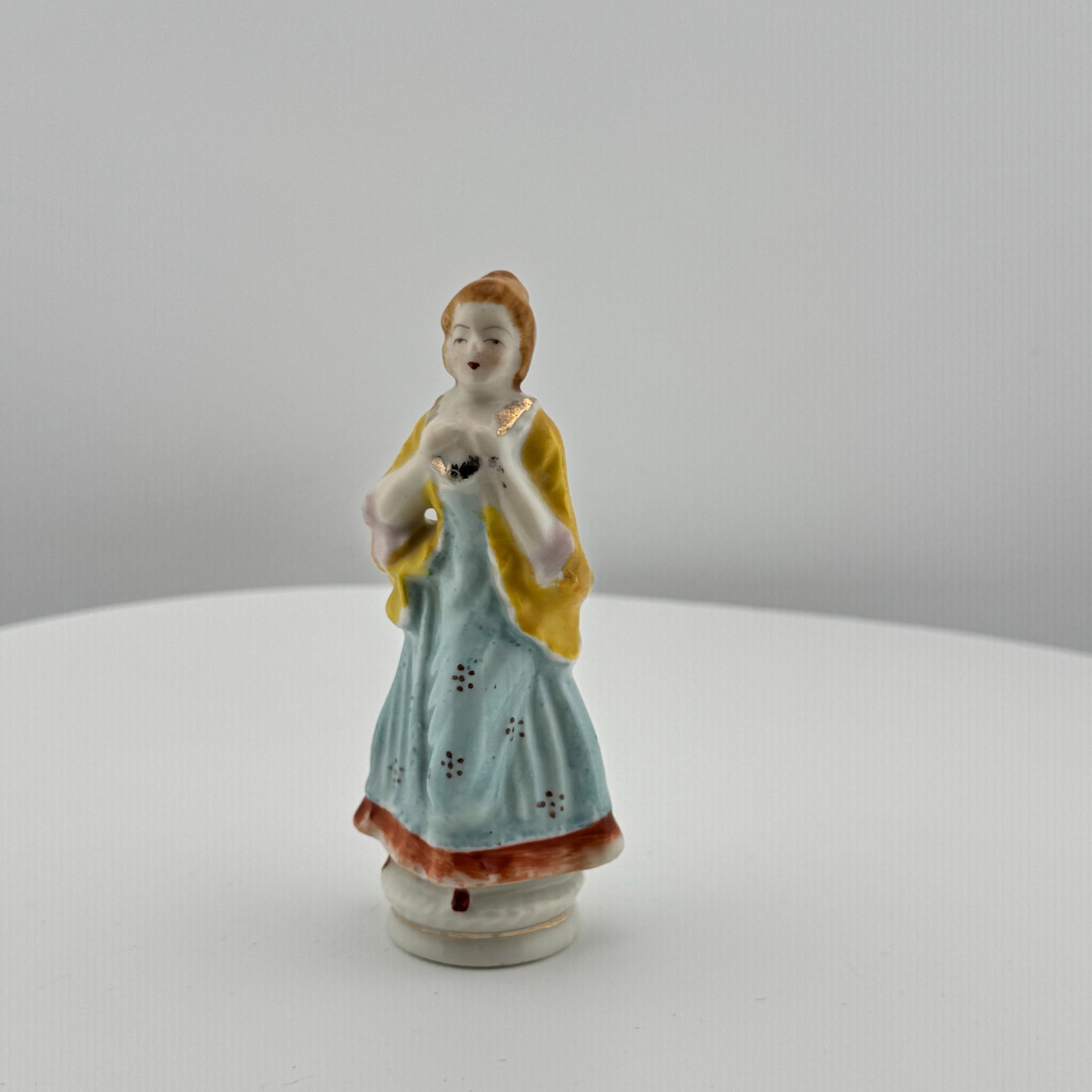 Vintage Occupied Japan Lady Figurine Blue Dress Yellow Shawl Porcelain Gold Trim