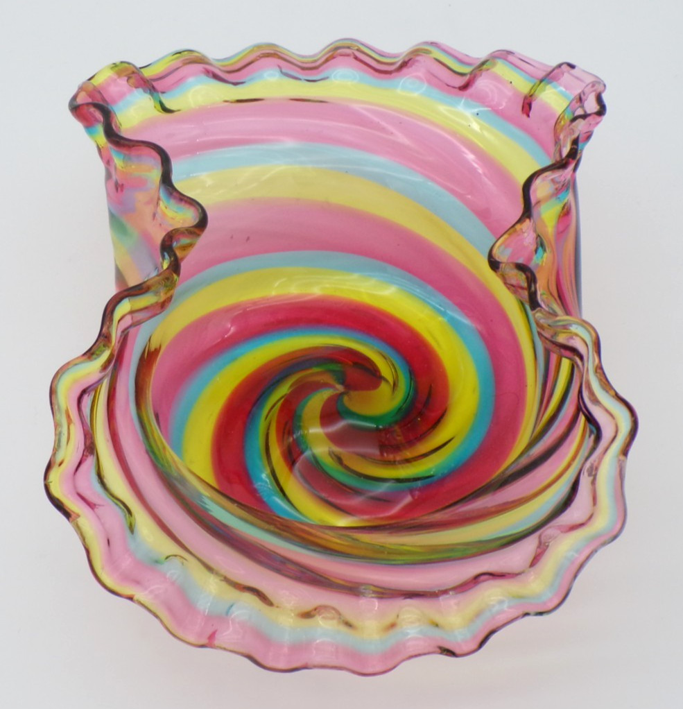 Antique Bohemian Victorian Harrach RAINBOW Art Glass RIBBON Bowl