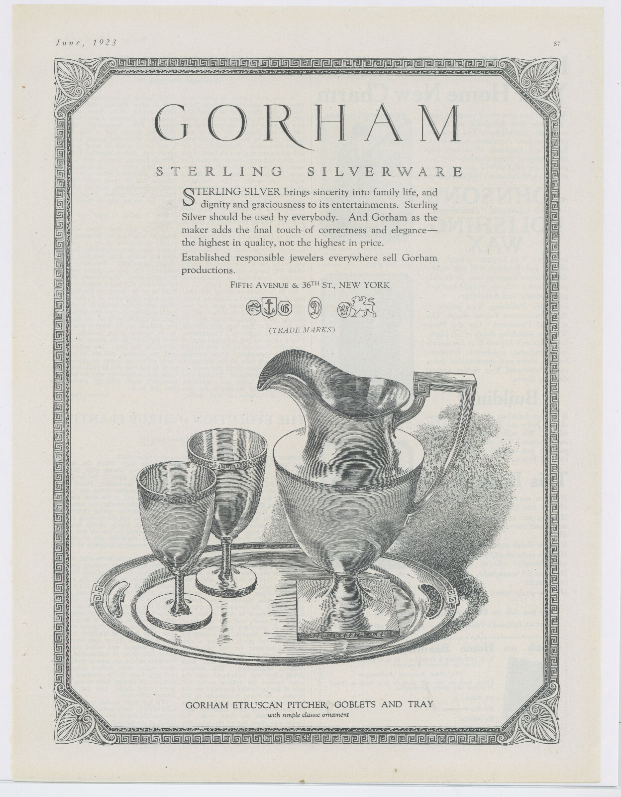 1923 Gorham Sterling Silver Advertisement: Fifth Avenue & 36th St. New York City
