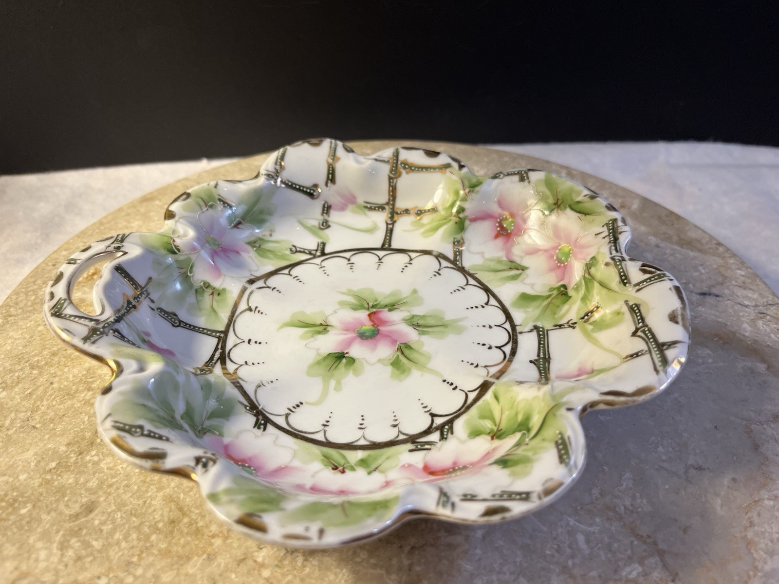 Vintage Moriage Hand Painted Porcelain Japan Pink Green Floral Gold