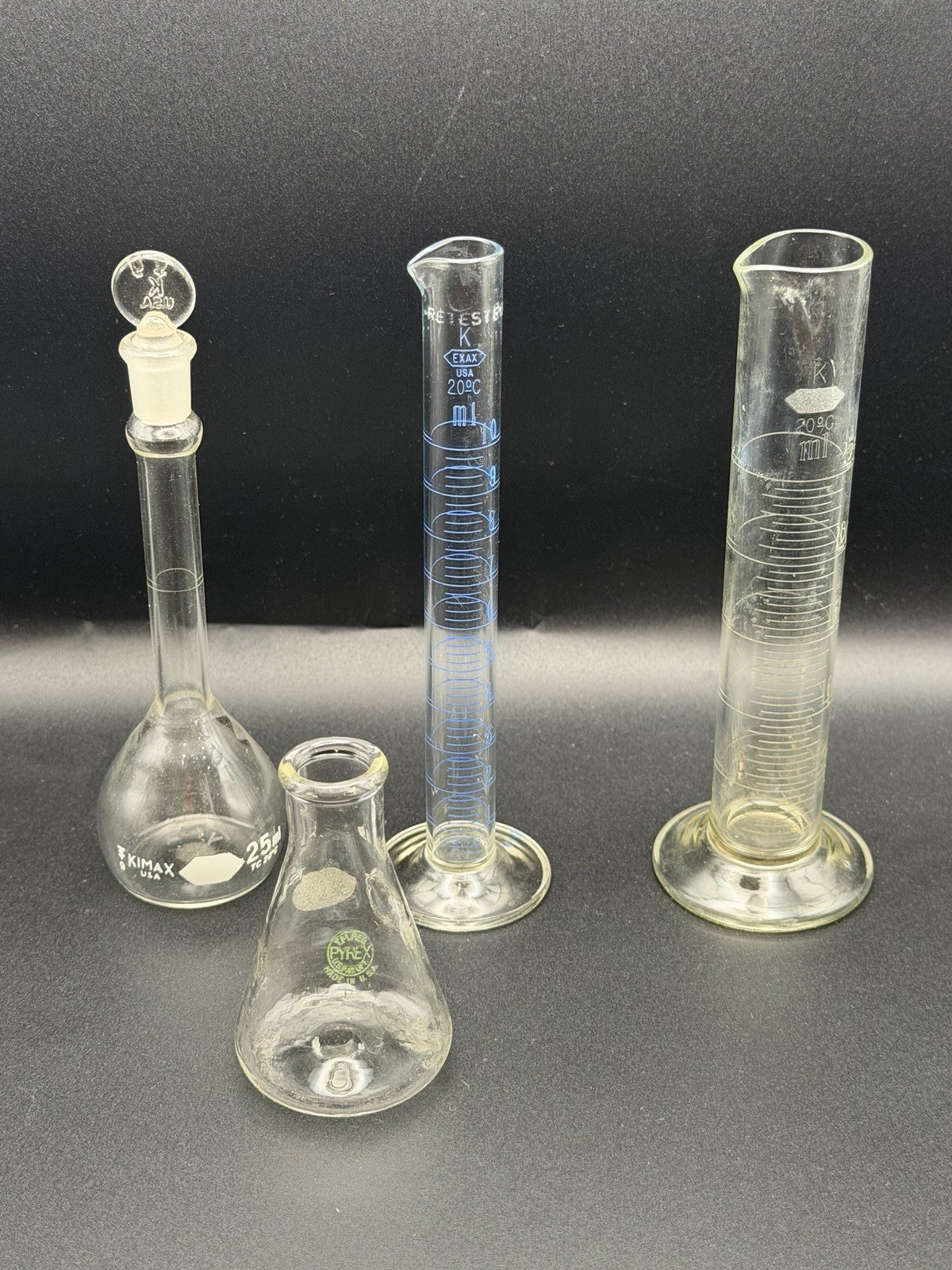 Vintage Pyrex, Kimax Lab Glass Chemistry Lot Flasks And Cylinder 4 Pieces
