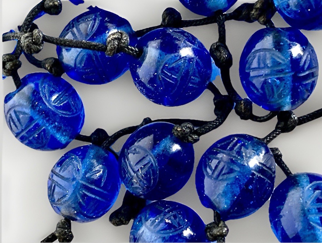 37 Antique Hand Carved Cobalt Blue Carved Peking Glass, 9mm - 11 mm Beads, 60 gr