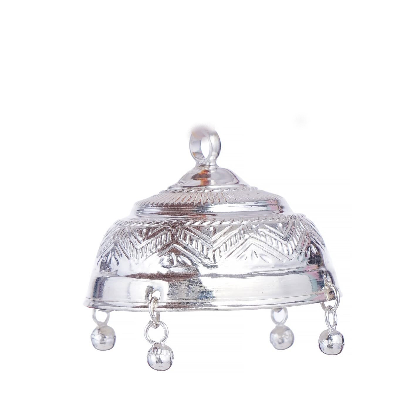 Silver Carved Chatra/Chattar for god & Temple with Attached Ghunghroo for Pooja