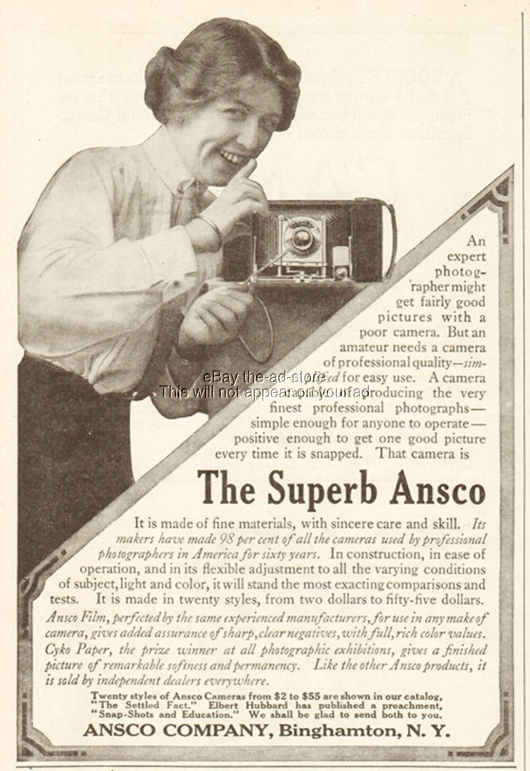 1912 Ansco Antique Folding Camera Binghamton New York Original Print Ad