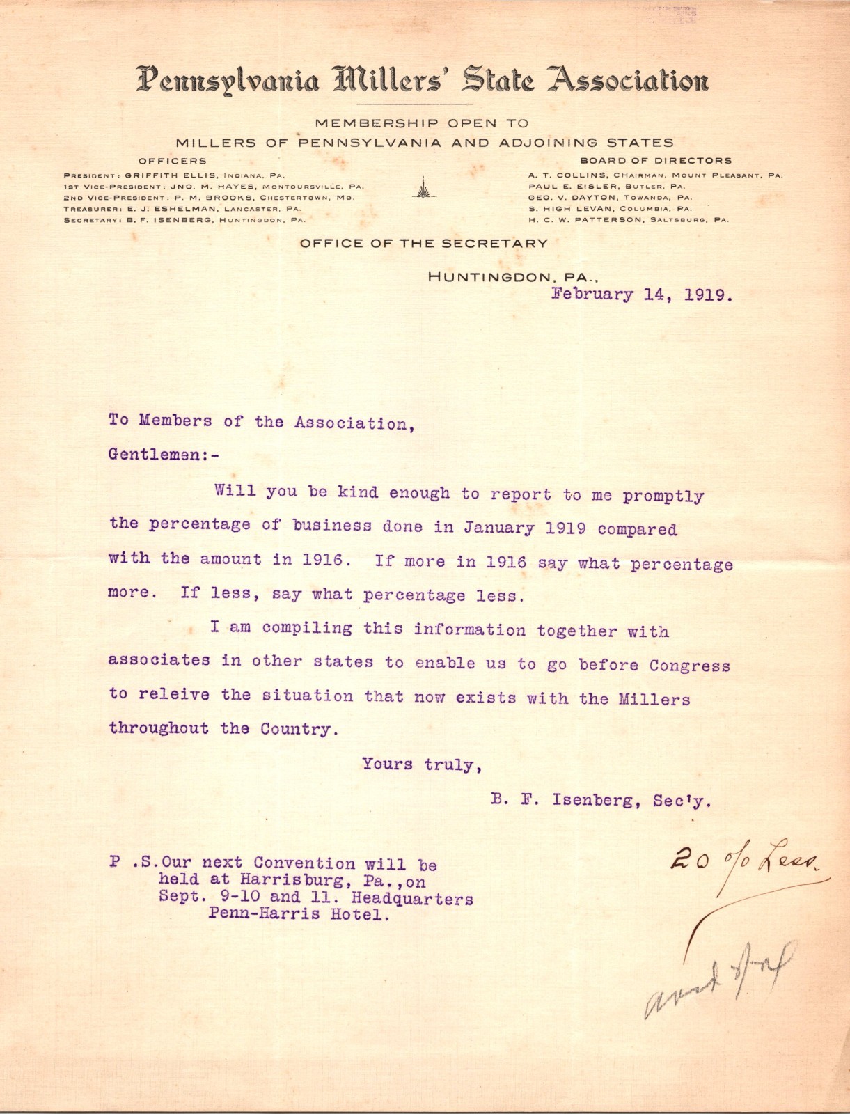 Pennsylvania Millers State Association Huntingdon PA 1919 Letterhead