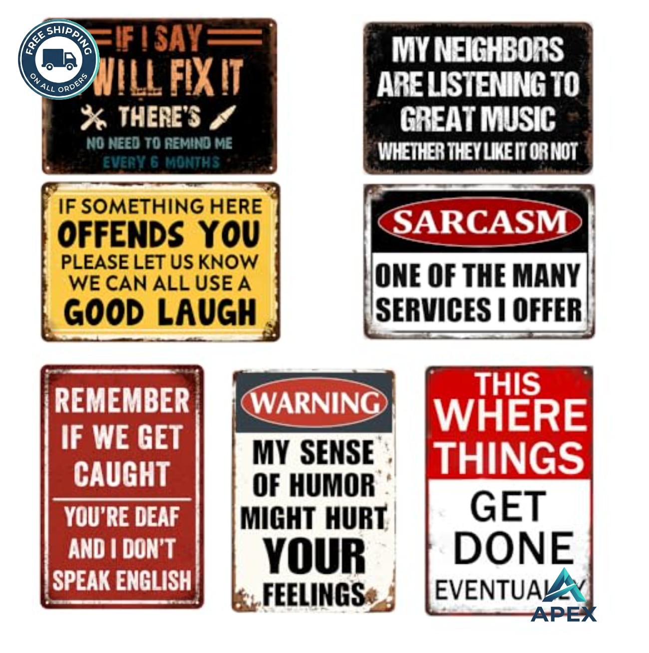 Vintage Metal Tin Signs 12 x 8 Inch 7 Piece Man Cave Garage Bar Wall Decor