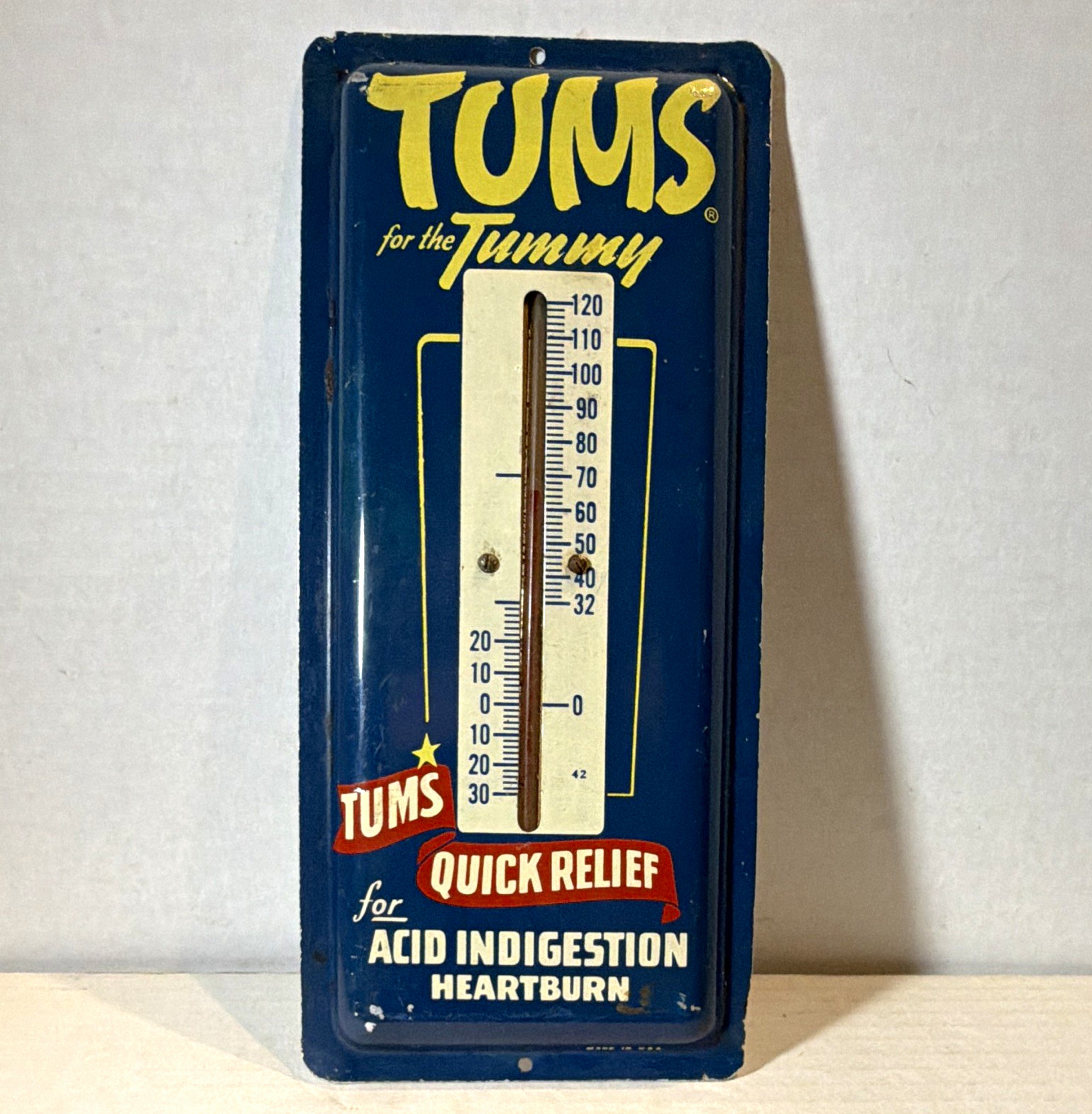 Tums for the Tummy Quick Relief Advertising Wall Thermometer Blue Yellow Red