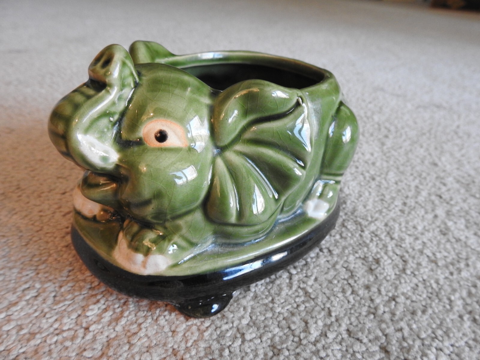 Vintage Green Glazed Elephant Planter Boho Asian Art Pottery  3 3/4\