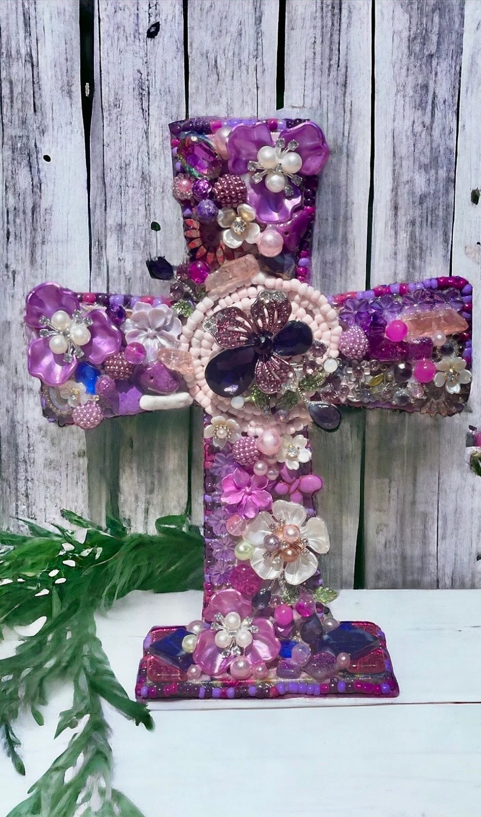 Handmade Purple Beaded Cross Butterfly Floral Religious Tabletop Decor Christian