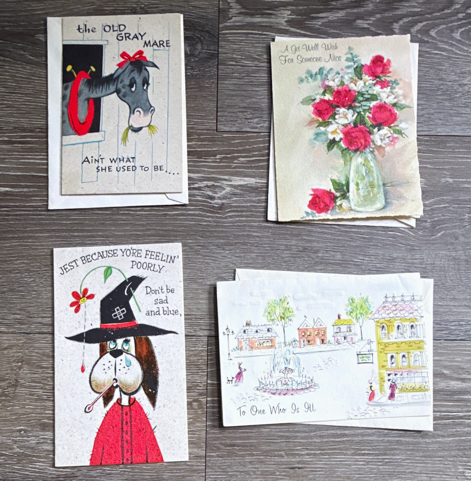 Vintage Hallmark Gibson Get Well Card Lot of 4 pop up glitter gold emboss unused