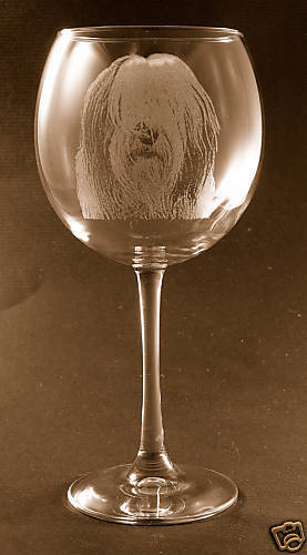 Etched Old English Sheepdog on Elegant Wine Glasses - Set of 2