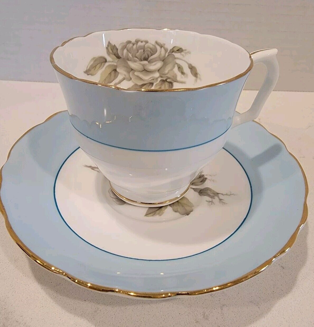 Crown Staffordshire Gray Blossoms Cup & Saucer 5559827