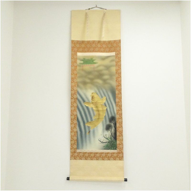 Taizan Carp Lucky Fish Hanging Scroll Hand-Painted Silk Art Antique Japan