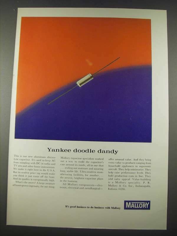 1965 Mallory Aluminum Electrolytic Capacitor Ad - Yankee Doodle Dandy