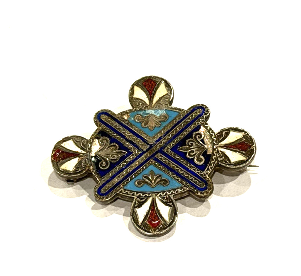 ANTIQUE VICTORIAN SCOTTISH ST ANDREWS CROSS RED BLUE CHAMPLEVE ENAMEL SILVER PIN
