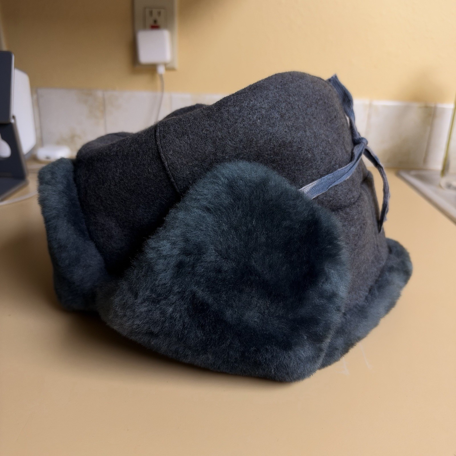 Vintage 1995 Russian Military Ushanka Hat Gray Wool Faux Fur Flap Cap Size 58