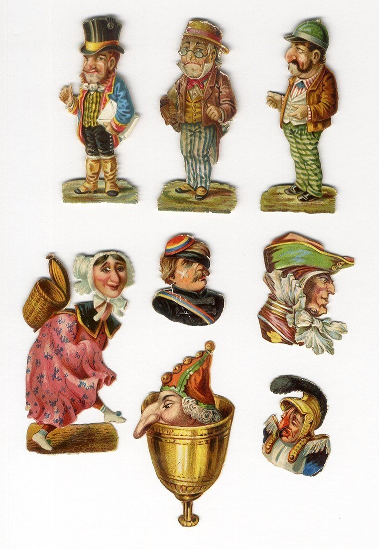 FUNNY FACES Silly People 1880's VICTORIAN 8 Die Cuts MEN Jester WOMAN Comic