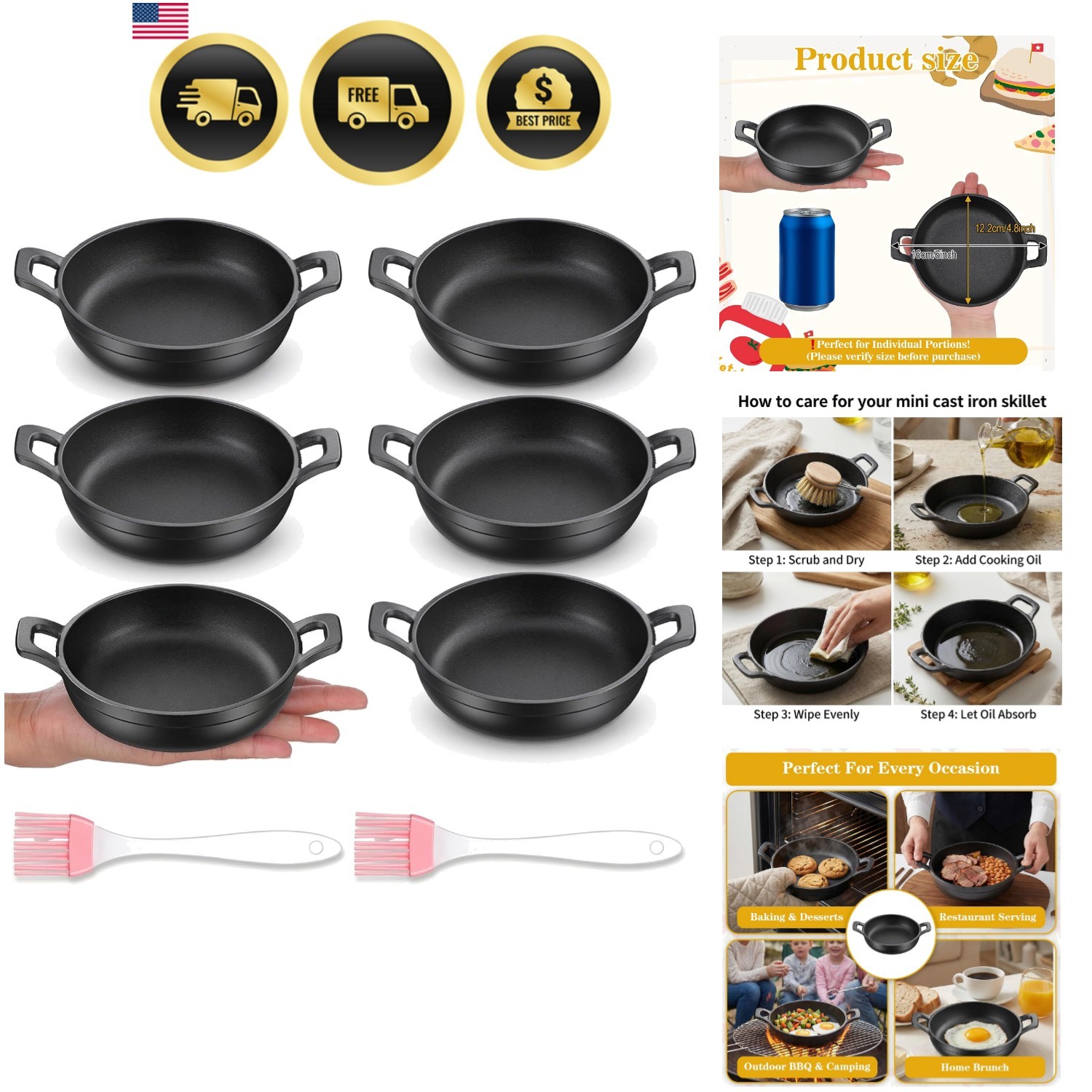 Mini Cast Iron Skillets Set of 6, 4.8 Inch Small Cast Iron Pans with Double H...