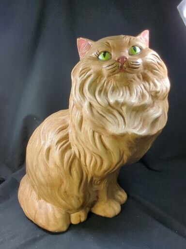 Large adorable Tan Brown  vintage ceramic persian cat Sitting Up Green Eyes Rare