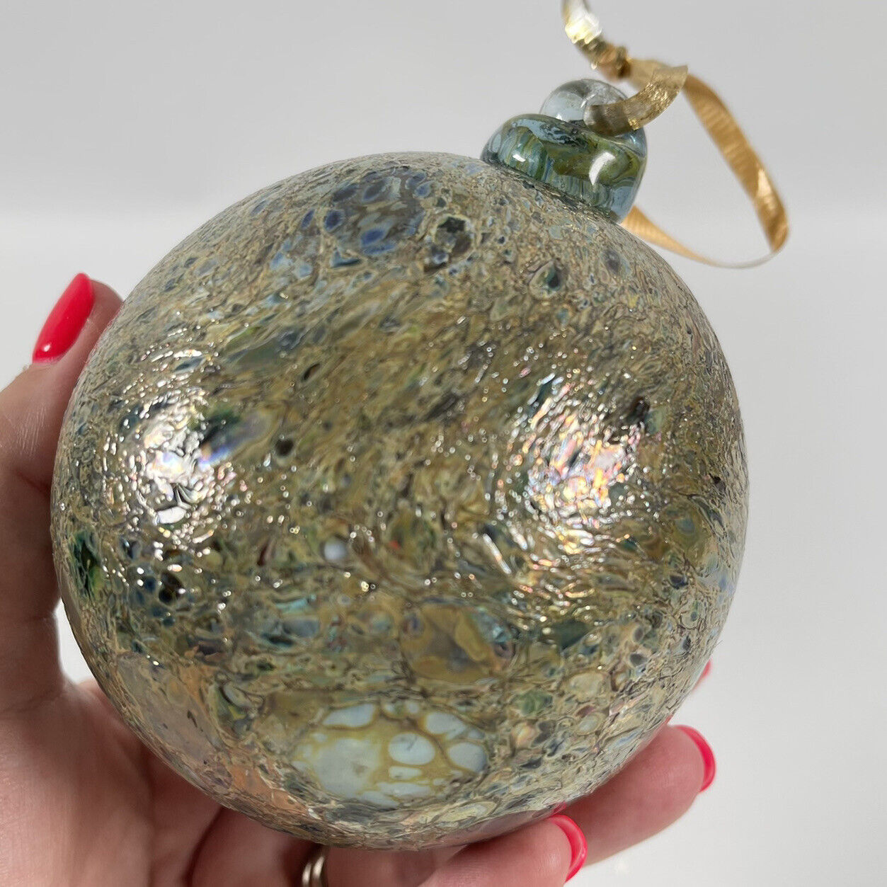 Vintage Art Glass Christmas Ornament Hand Blown Iridescent Blue Green Gold Heavy