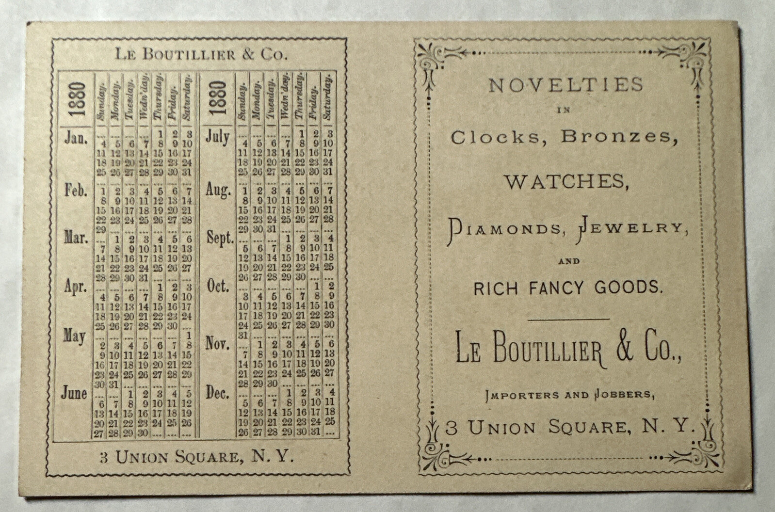Victorian Jewelers Trade Card  Boutillier 1880 Calendar Watches Clock NYC B29
