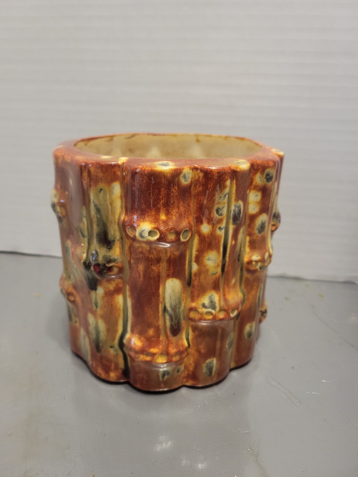 Vintage Ceramic Bamboo Planter Orange Green Drip Glaze 