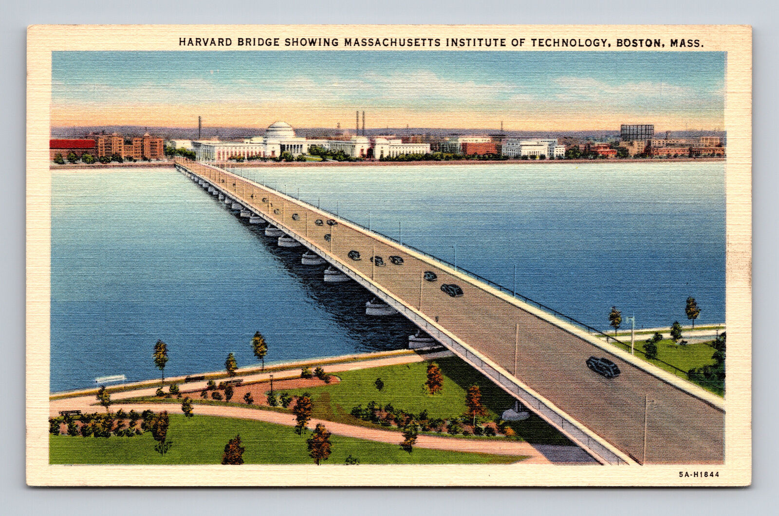 c1935 Linen Postcard Boston MA MIT Harvard Bridge Charles River Cars
