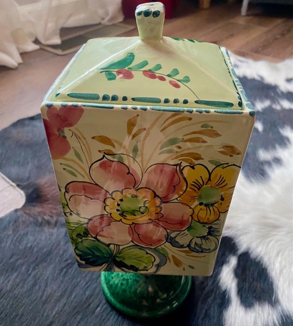 Vintage Hand -Painted Canister Jar Italian Pottery With Lid 6.75