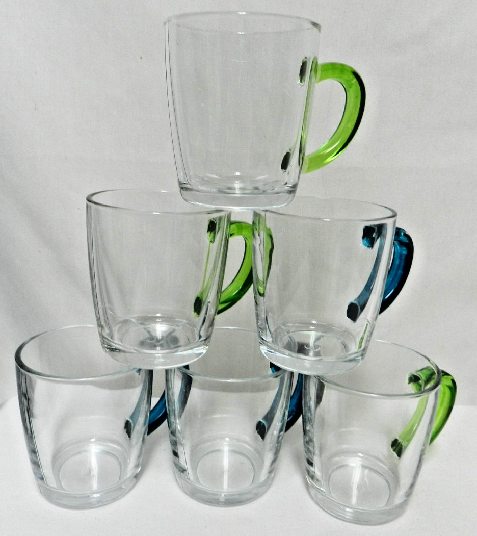 Pasabahce Vintage Turkish Glass mug cup set of 6 Green & Blue handles clear