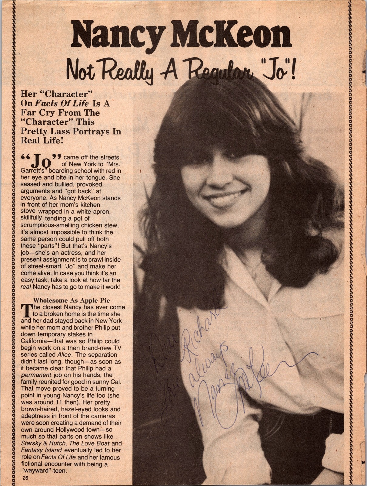 8 x 11 Magazine Cut-Out Signed Autograph - Nancy McKeon