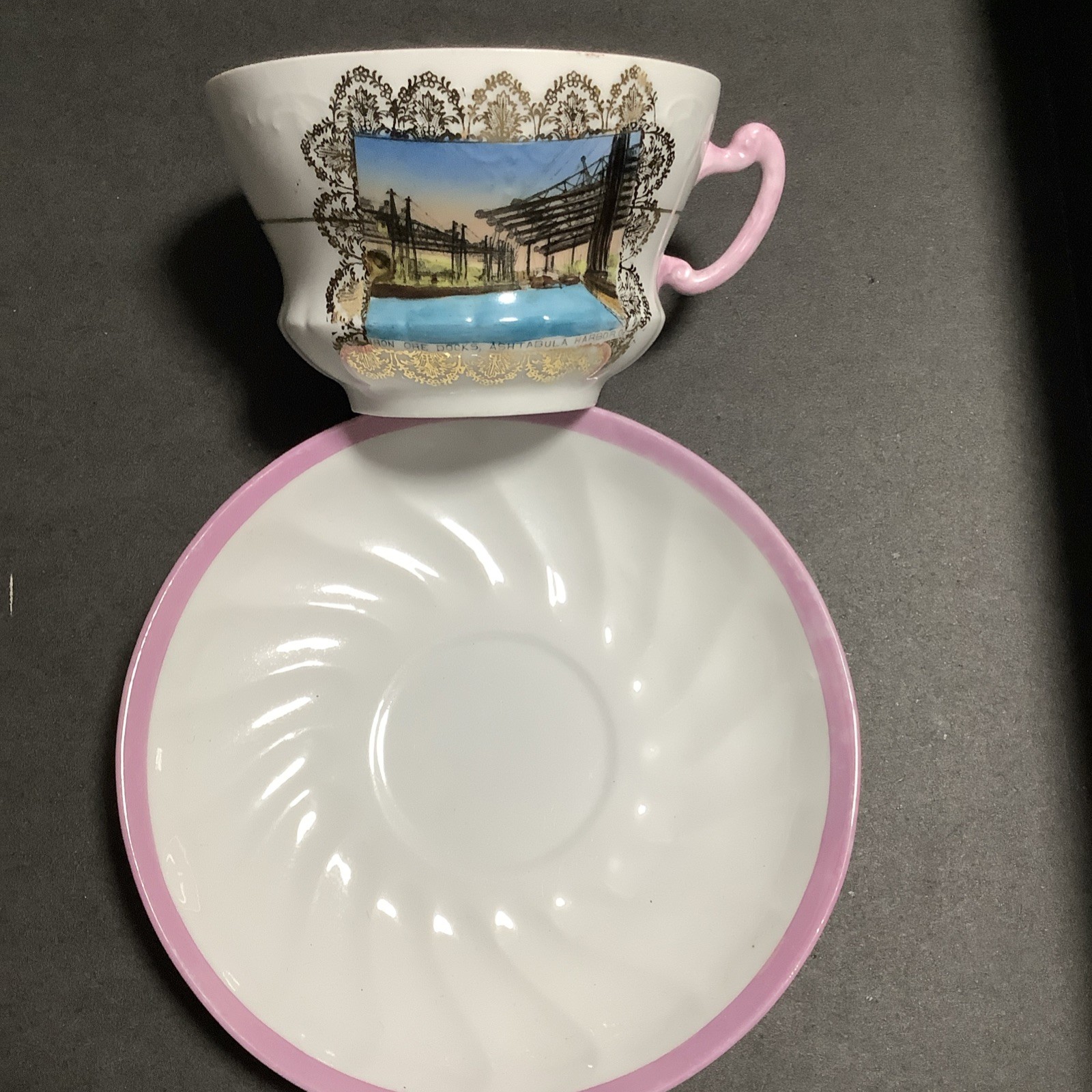 Porcelain Pink White Gold Scenic Mustache Cup & Saucer Set Gold Trim